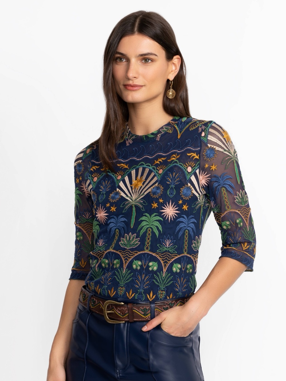 Jade by Johnny Was Kaia Mesh Tee Del Mar Size Small Boho Embroidered Top
